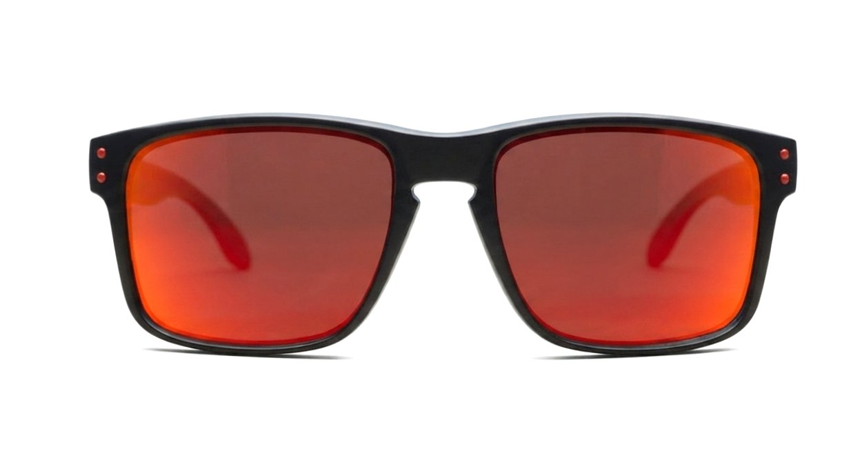 Tama red mirror revo polarised sunglasses curved wrap frame grey base lens