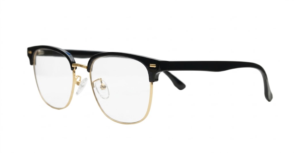 Black TR90 Clubmaster blue light glasses with silver bridge and arm detailing