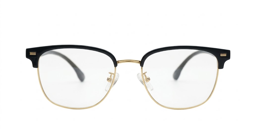 Black TR90 Clubmaster blue light glasses with silver bridge and arm detailing