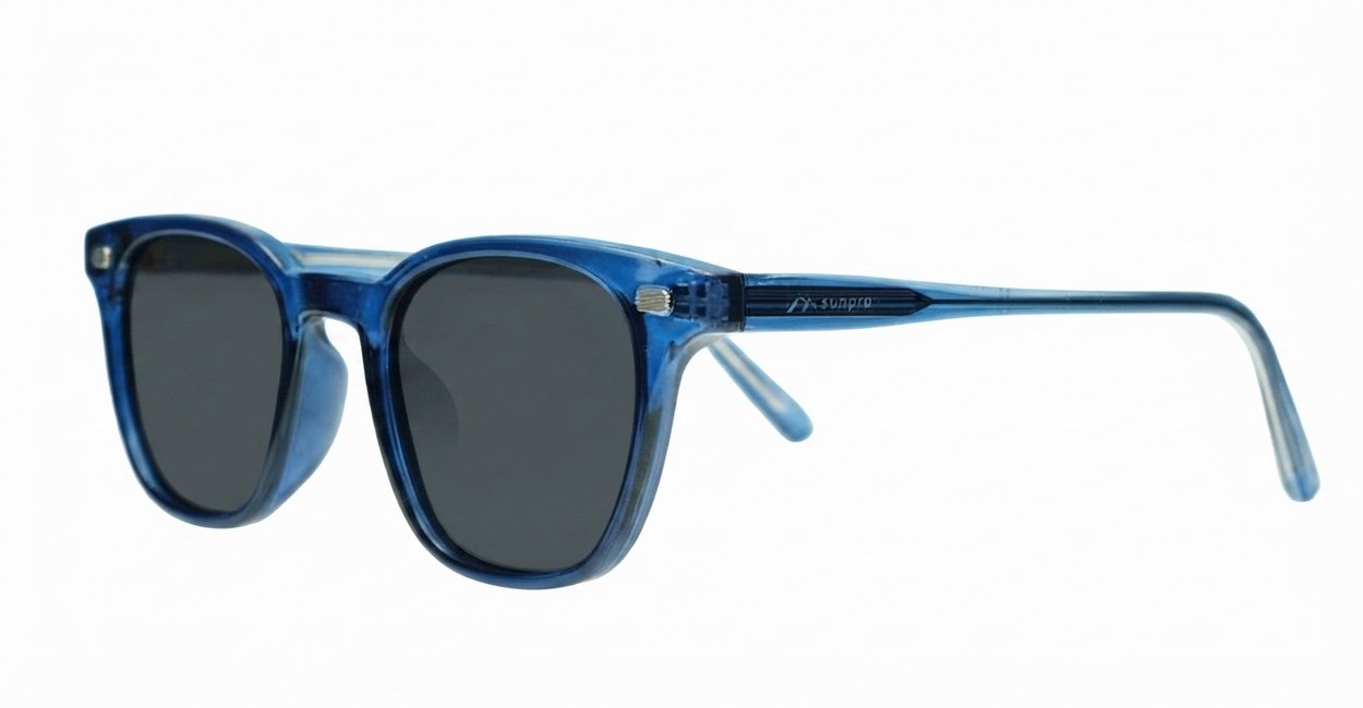 Wilbur Blue small round polarised sunglasses blue frames dark grey smoke lenses