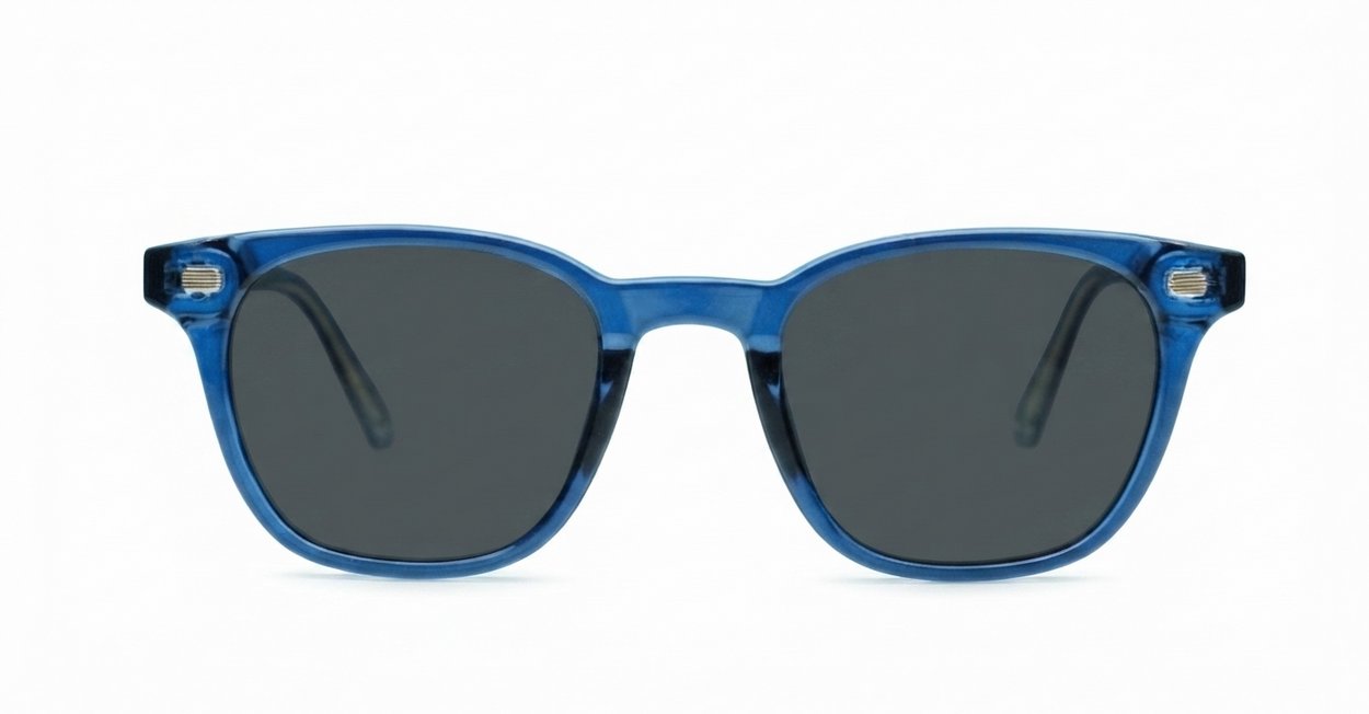 Wilbur Blue small round polarised sunglasses blue frames dark grey smoke lenses