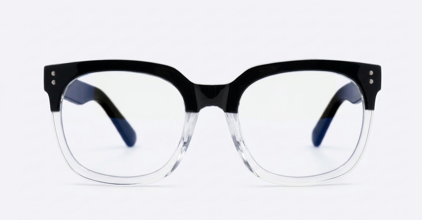 Computer glasses in black and clear gradient or warm tortoise with inner wire temples and steel hinges