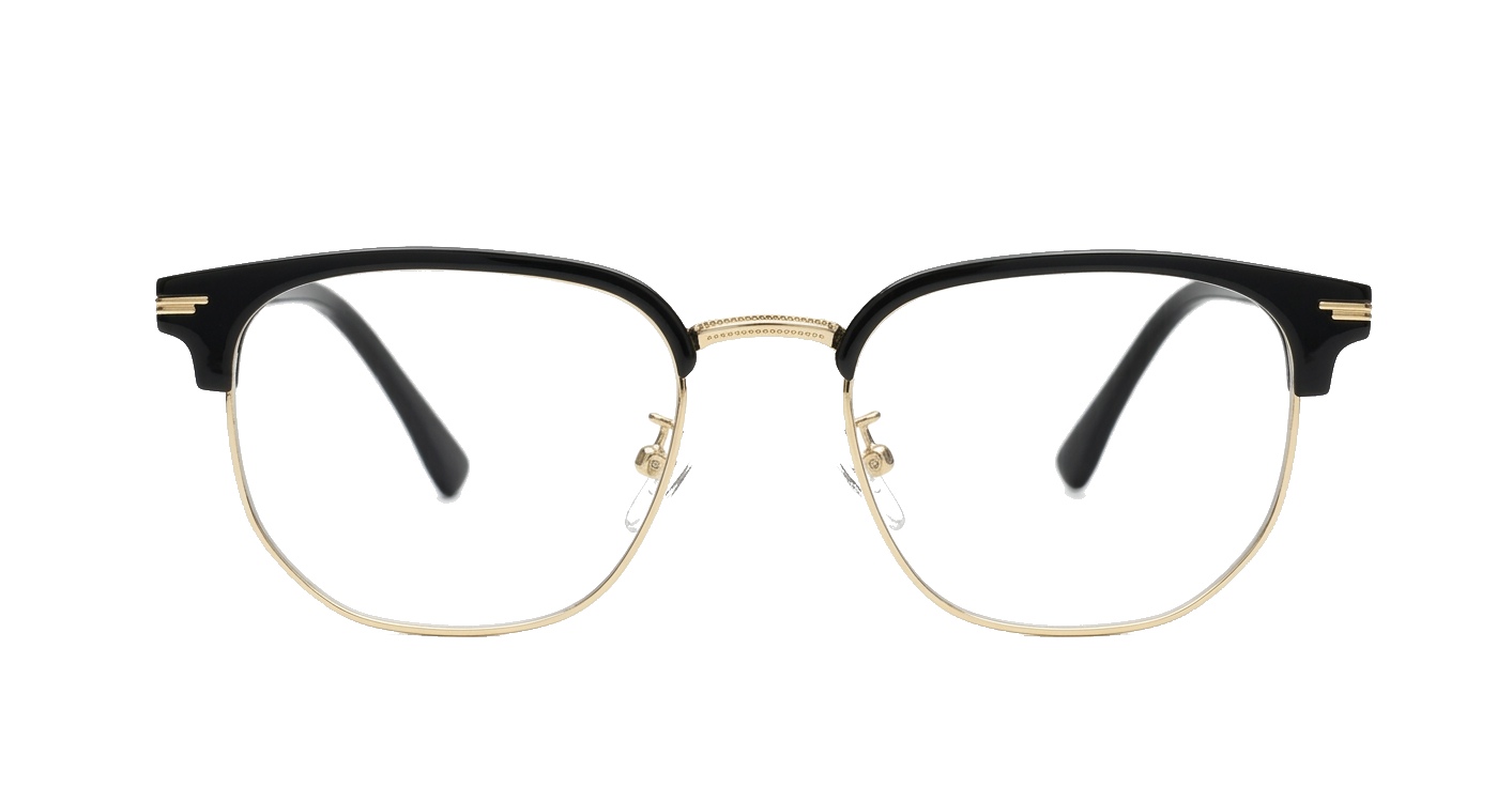 Black and gold clubmaster blue blocker glasses with vintage styling and steel hinges