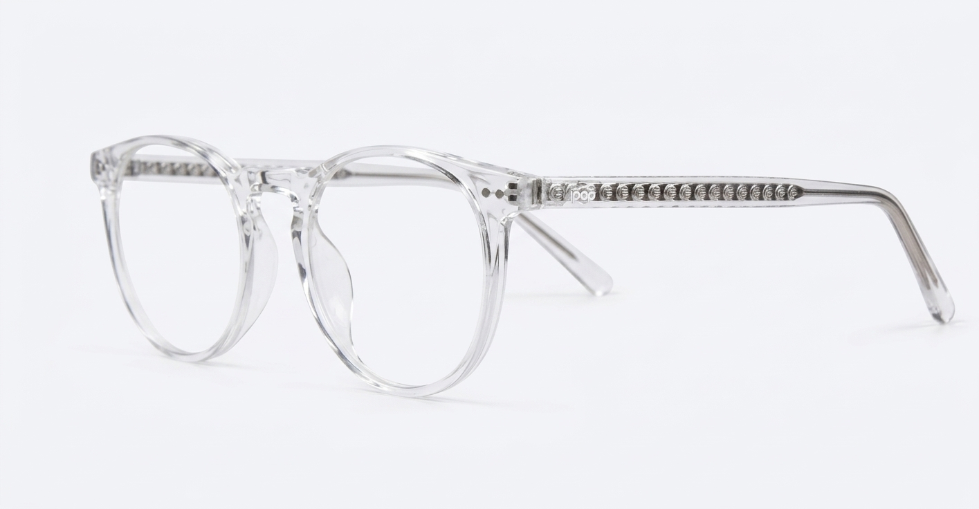 Round computer glasses with silver accents, inner temple wire core and steel hinges