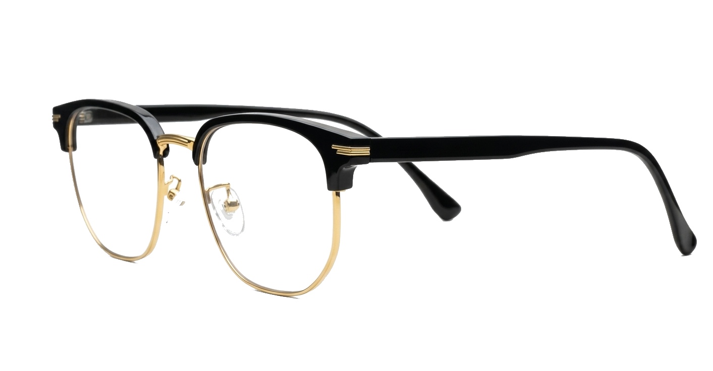 Black and gold clubmaster blue blocker glasses with vintage styling and steel hinges