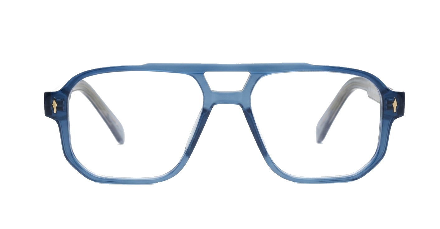 Chunky aviator computer glasses in crystal matte blue with wire-core temples and steel hinges