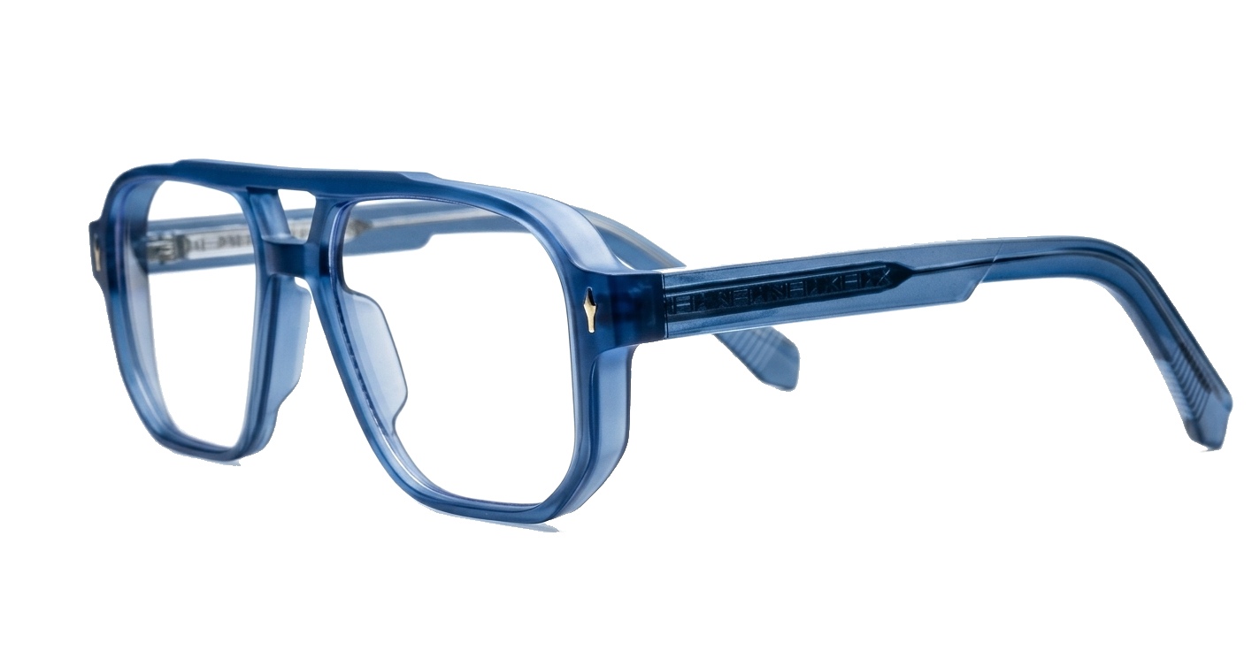 Chunky aviator computer glasses in crystal matte blue with wire-core temples and steel hinges