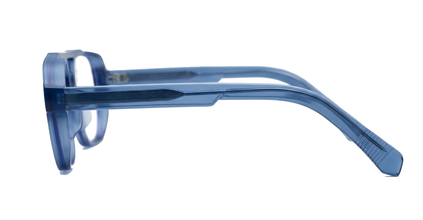 Chunky aviator computer glasses in crystal matte blue with wire-core temples and steel hinges