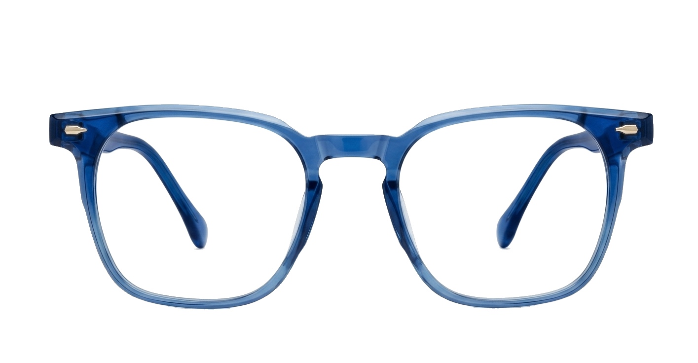 Crystal blue light glasses with translucent blue frame and steel hinges