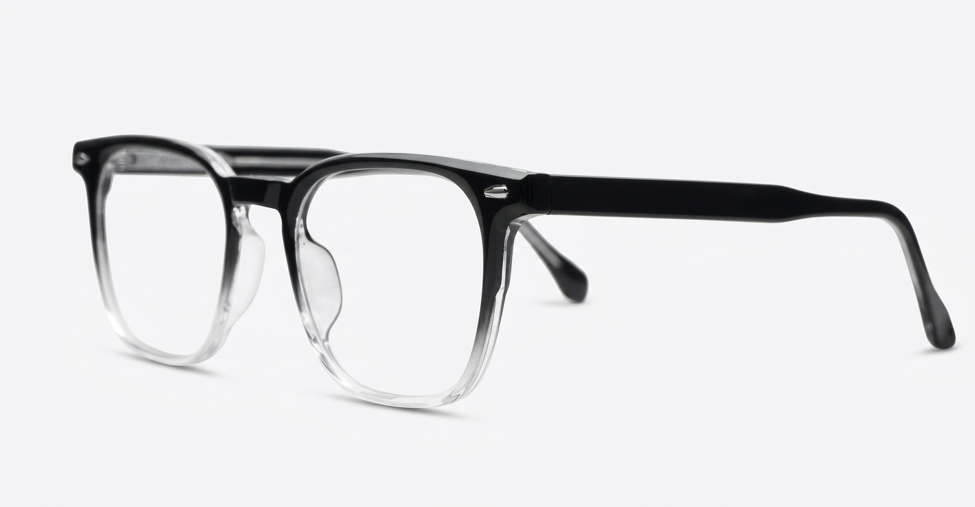 Black to clear fade blue light glasses with wire-core temples and steel hinges