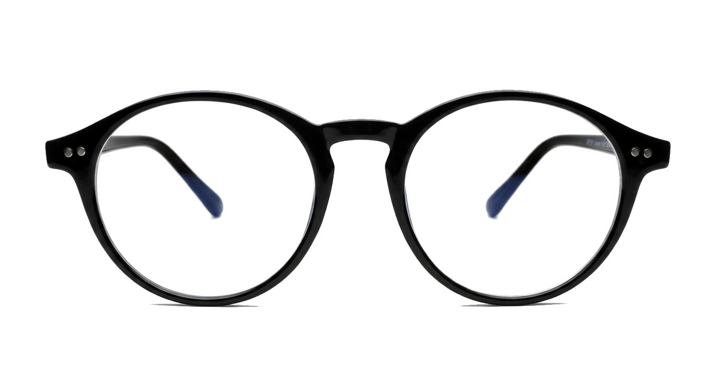 Round black blue block glasses with silver accents and steel hinges