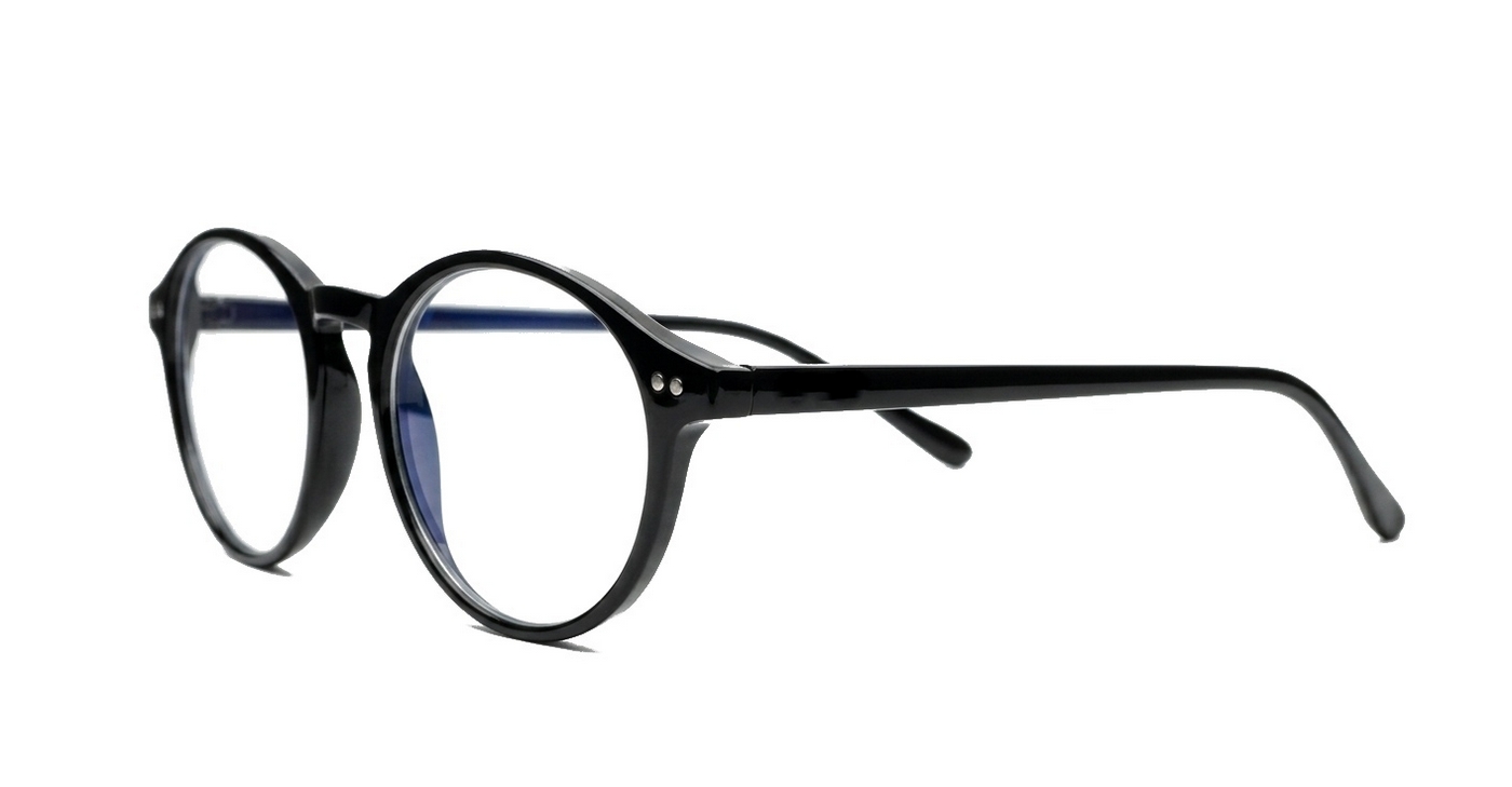 Round black blue block glasses with silver accents and steel hinges