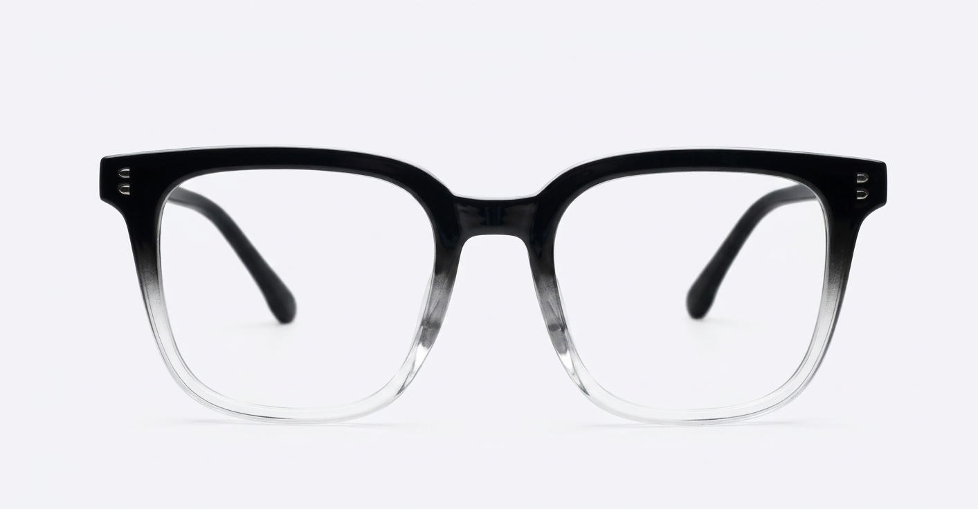 Square black to clear fade blue blocker glasses with silver details and pins