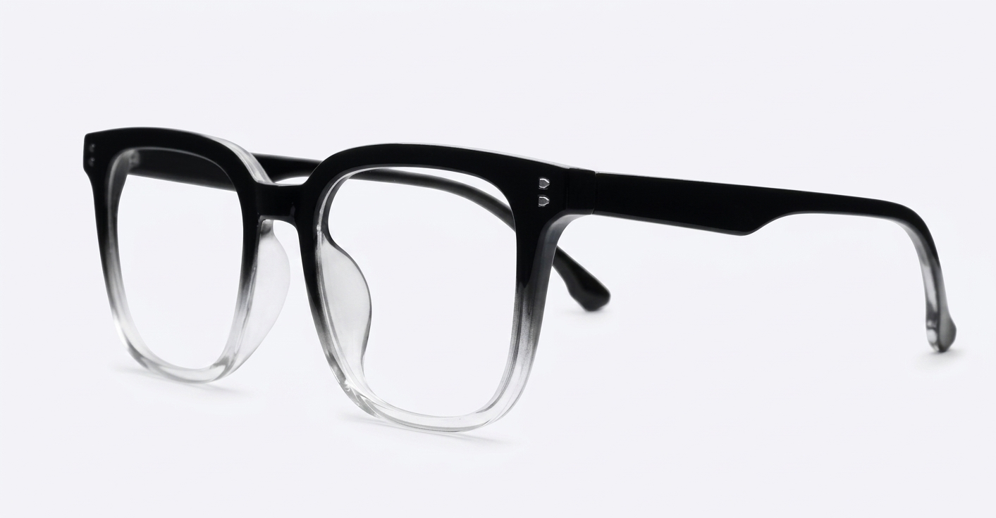 Square black to clear fade blue blocker glasses with silver details and pins