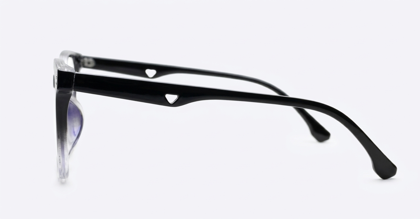 Square black to clear fade blue blocker glasses with silver details and pins