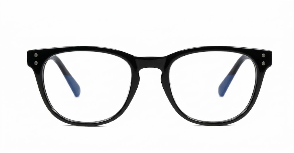 Classic round unisex blue light glasses with silver accents and flexible steel hinges