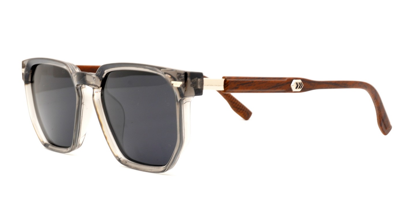 Classic unisex polarised sunglasses with gold accents and faux wood temples