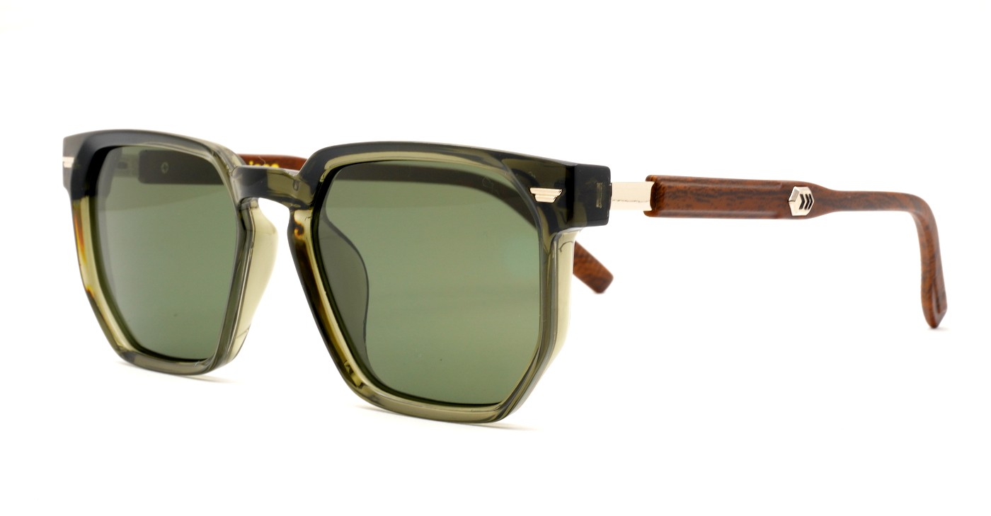 Classic unisex polarised sunglasses with gold accents and faux wood temples