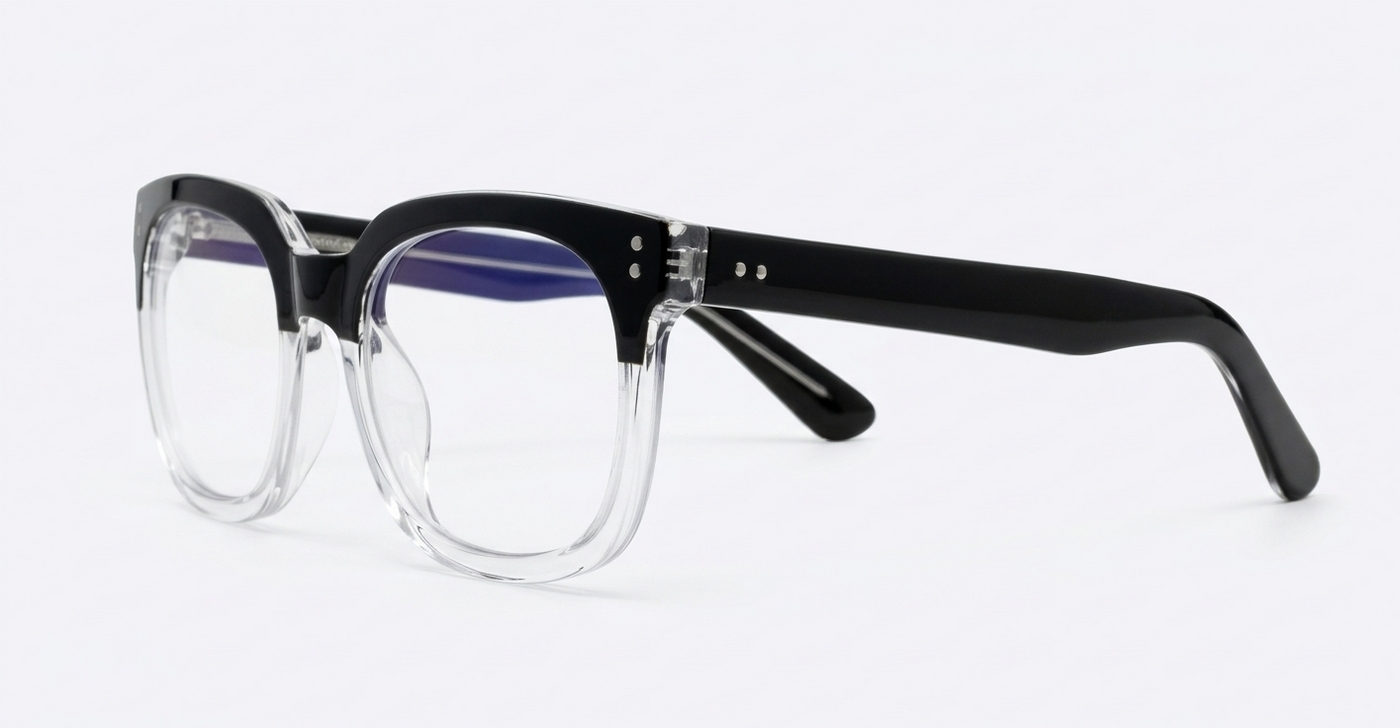 Computer glasses in black and clear gradient or warm tortoise with inner wire temples and steel hinges