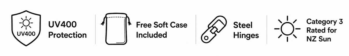 UV400 protection, free soft case included, steel hinges, category 3 rated for NZ sun